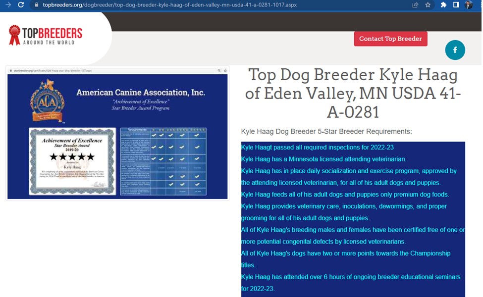 Kyle, Haag, dog, breeder, top, Kyle-Haag, puppy, dog-breeder, kennels, mill, puppymill, 5-star, ACA, ICA, registered, show, handler, Eden, Valley, MN, USDA, 41-A-0281
